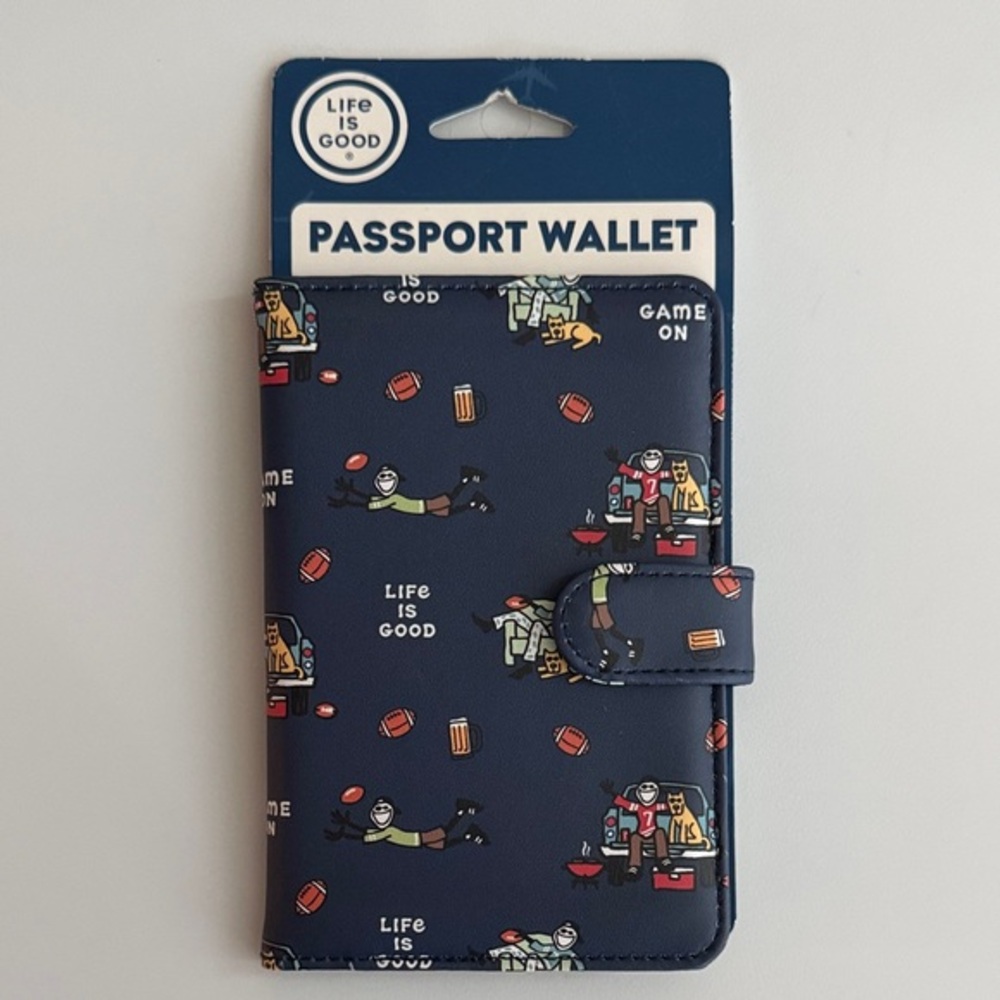 Life nwt Is Good Blue Passport Wallet with Colorful Graphics football dog beer